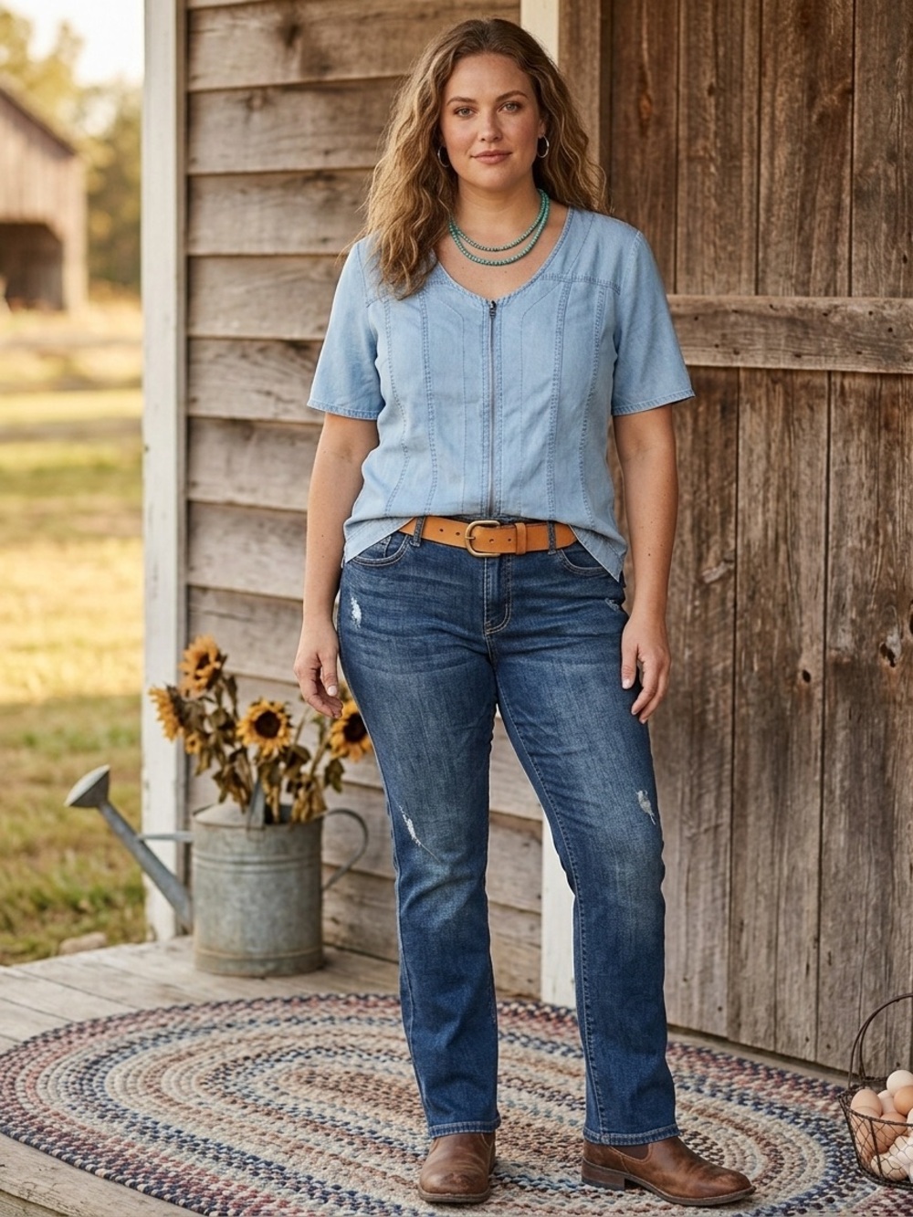 Dkny Light Blue‎ Denim Zip-Front V-Neck Top